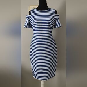Calvin Klein women dress stripe White And Blue Zipper Back Shoulder Down Sleeve